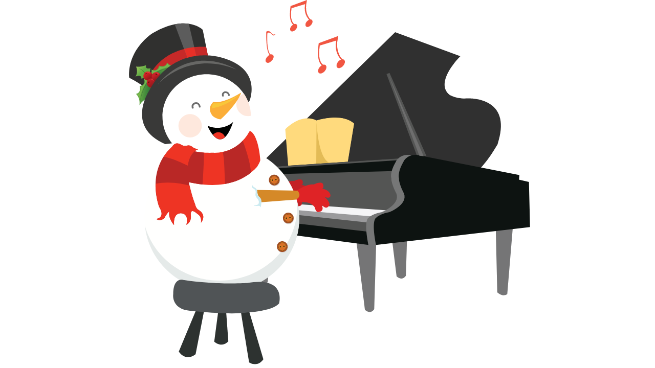 Captivating image of a snowman skillfully playing a piano, symbolizing the joyous annual Christmas concert for students learning with Alex Glew Music Education, a harmonious celebration of talent and festive spirit.